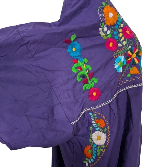 Zapoteco Mexican Embroidered Floral Dress Womens One Size Purple Hand Made - Picture 6 of 10